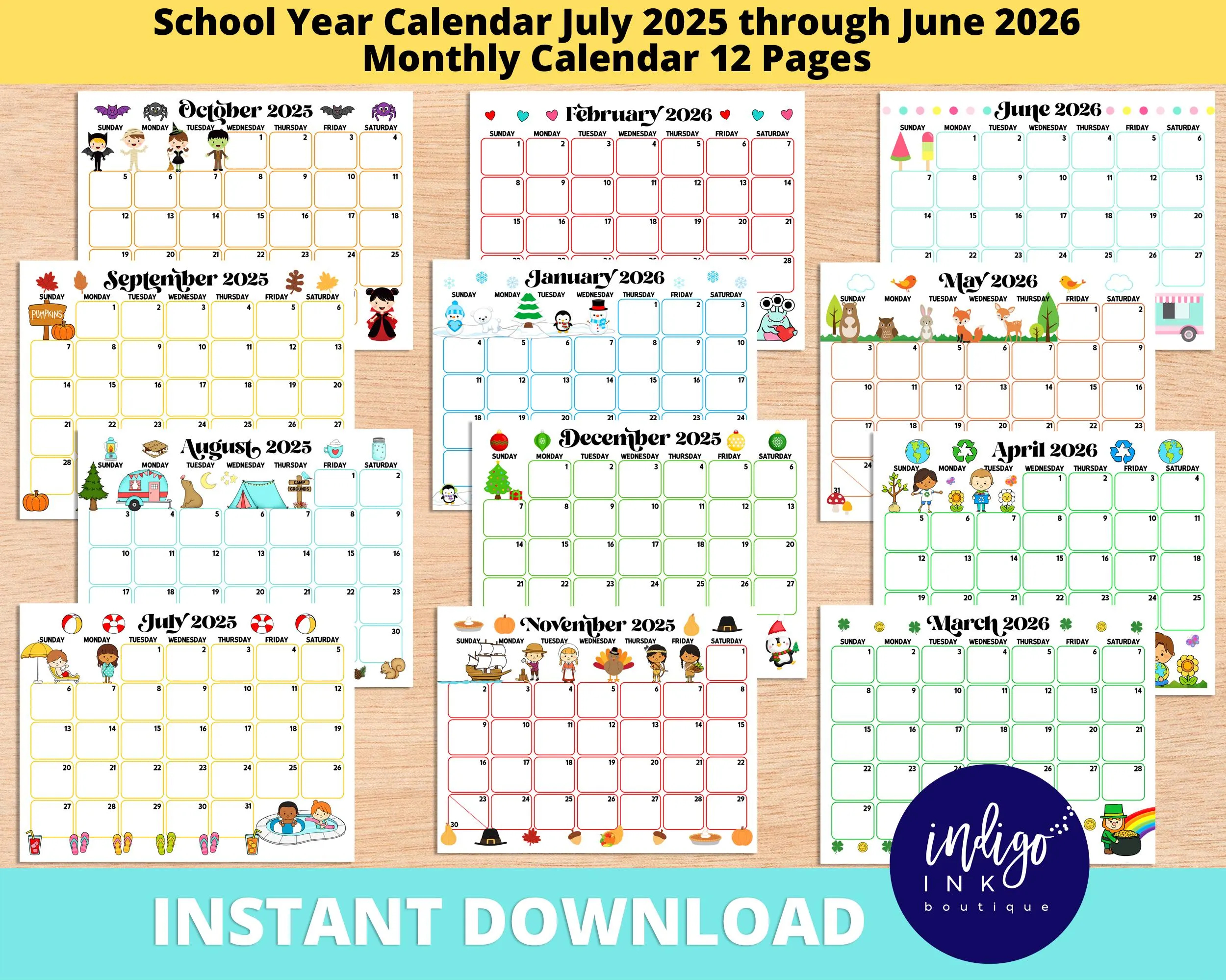 School Calendar July 2025 Thru June 2026 Calendar Monthly Calendar Printable INSTANT DOWNLOAD Printable Calendar Organization For Kids Etsy