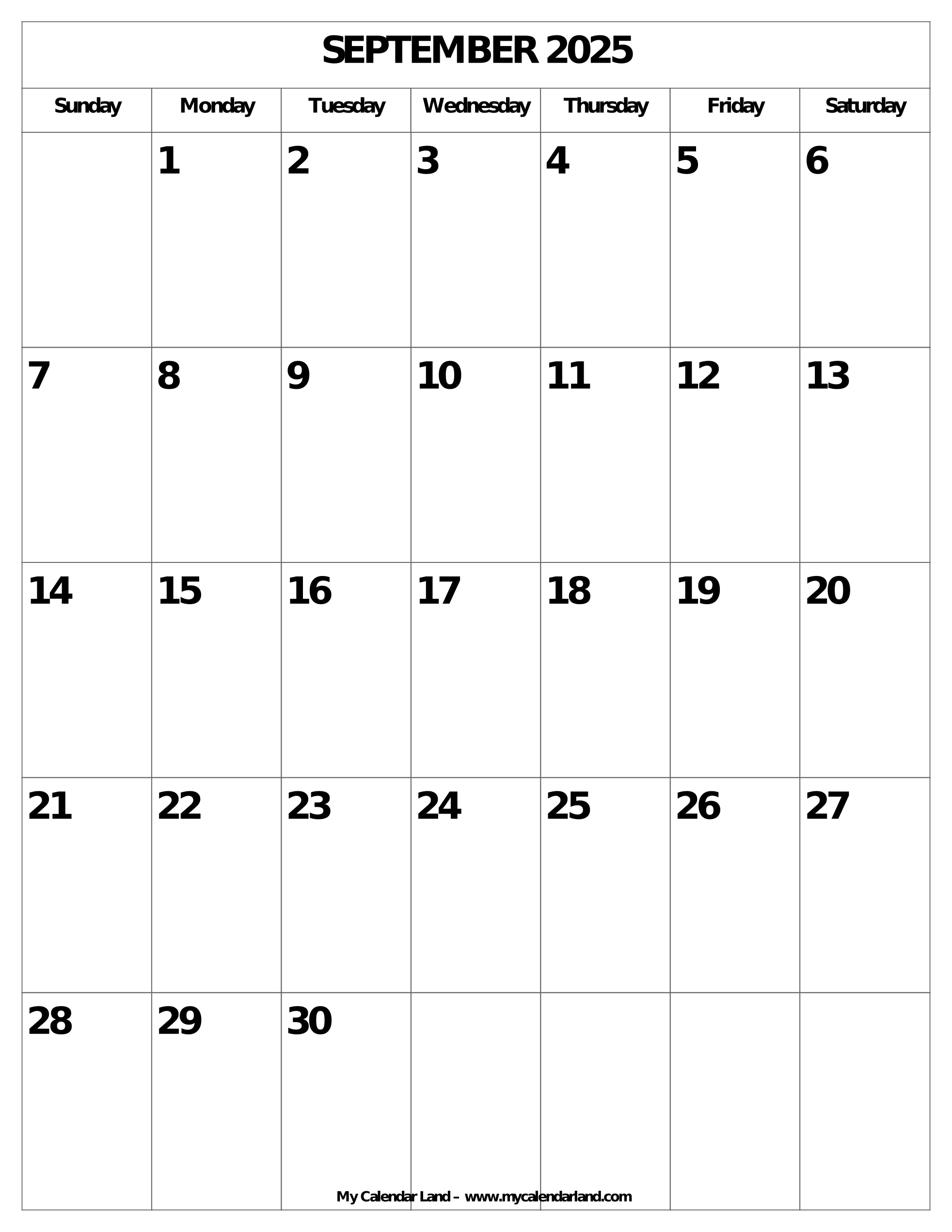 September 2025 Blank Calendar Printable