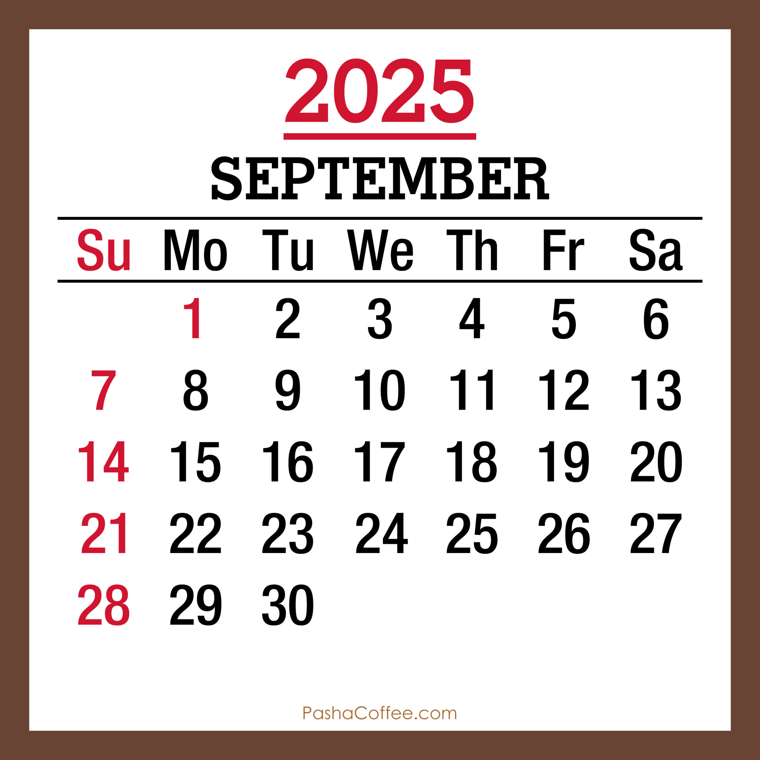 September 2025 Monthly Calendar With Holidays Printable Free Brown Sunday Start PashaCoffee