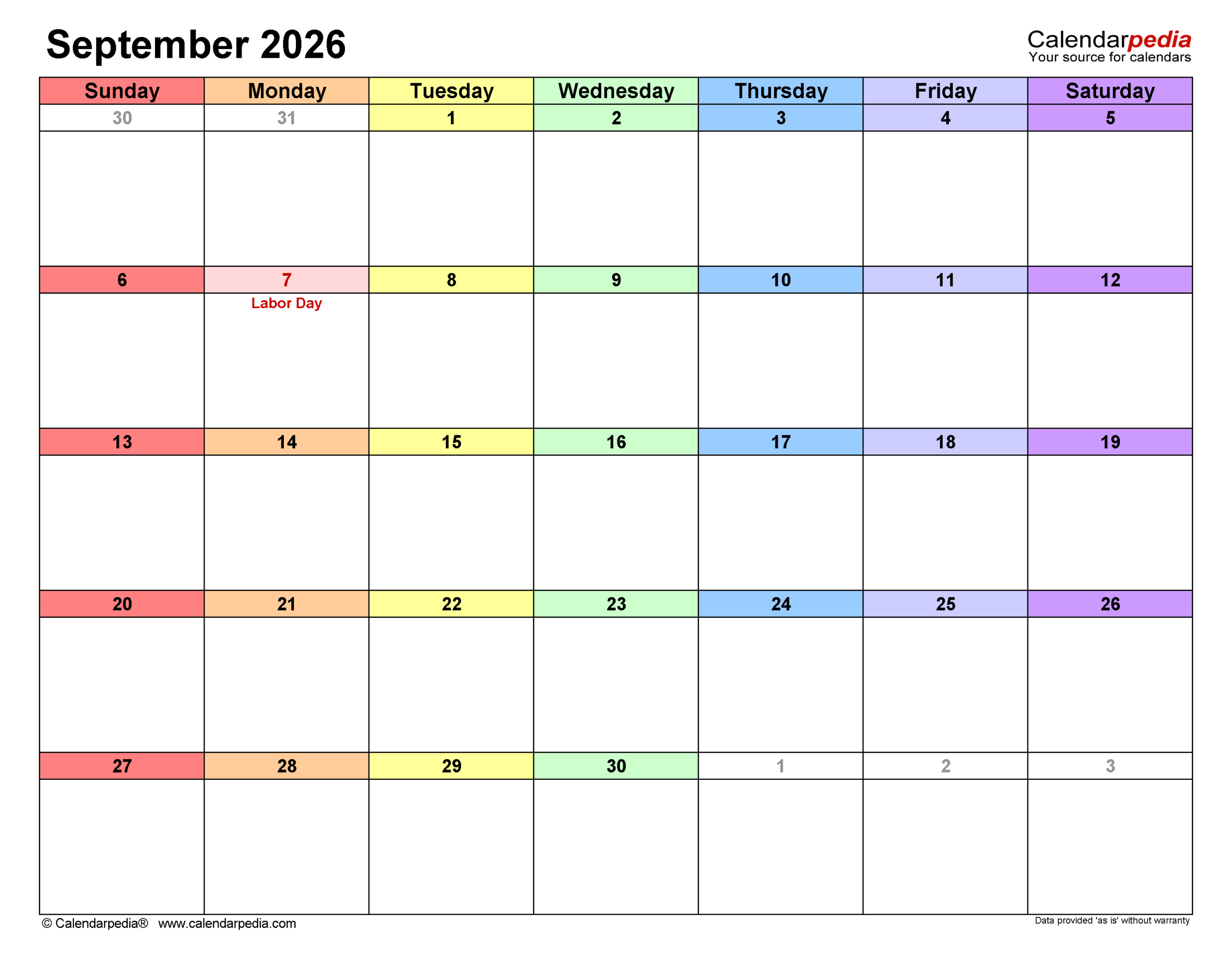 Printable Calendar June Through September 2026