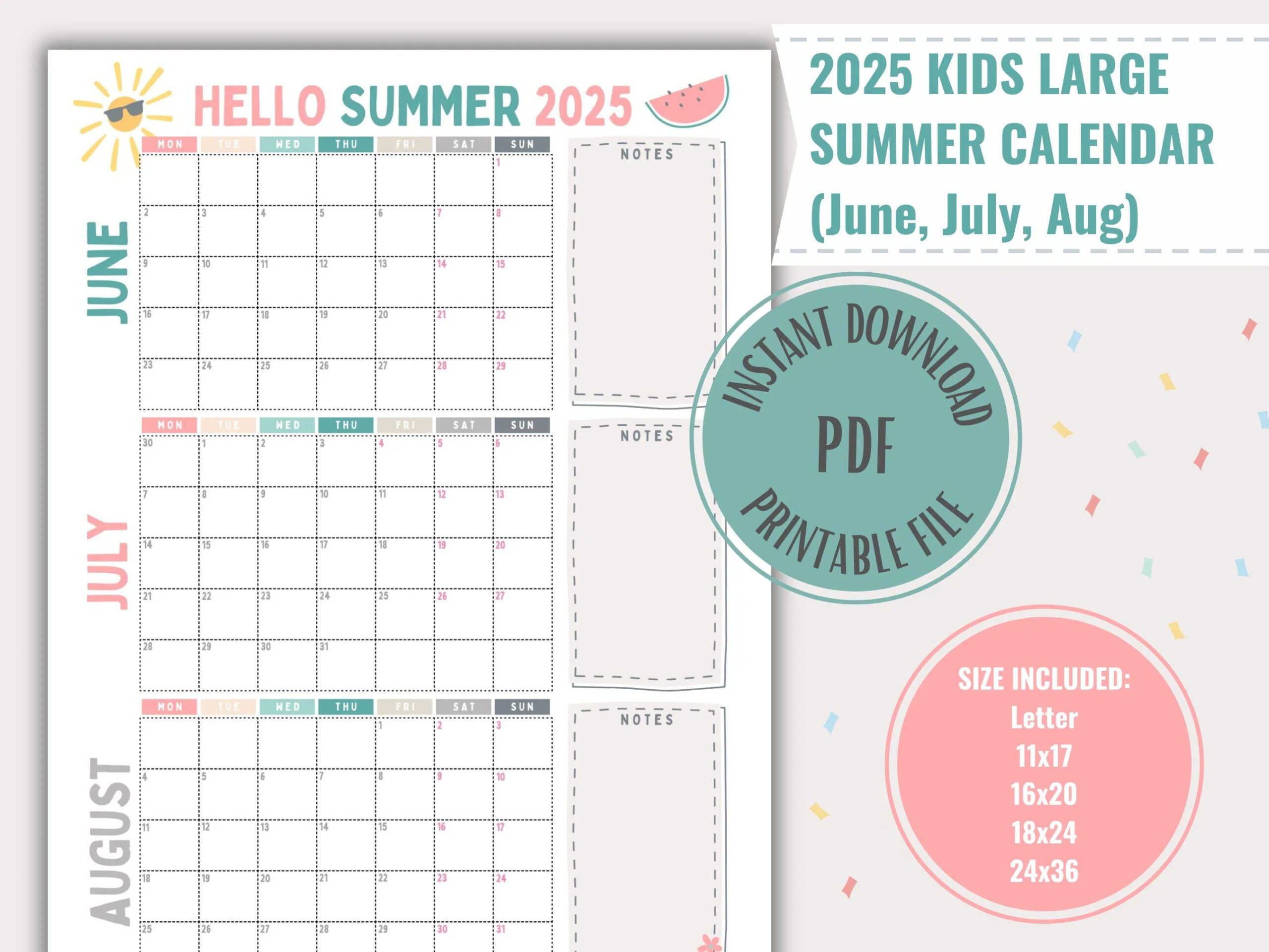 Summer Calendar Large Planner Poster Printable Digital Download Easy Cute Schedule For Kids Fun Summer Calendar Monday Start 2025 Etsy
