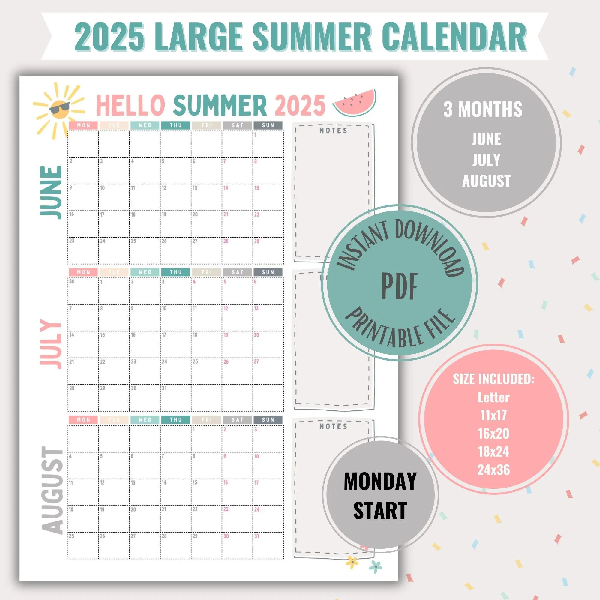 Summer Calendar Large Planner Poster Printable Digital Download Easy Cute Schedule For Kids Fun Summer Calendar Monday Start 2025 Etsy