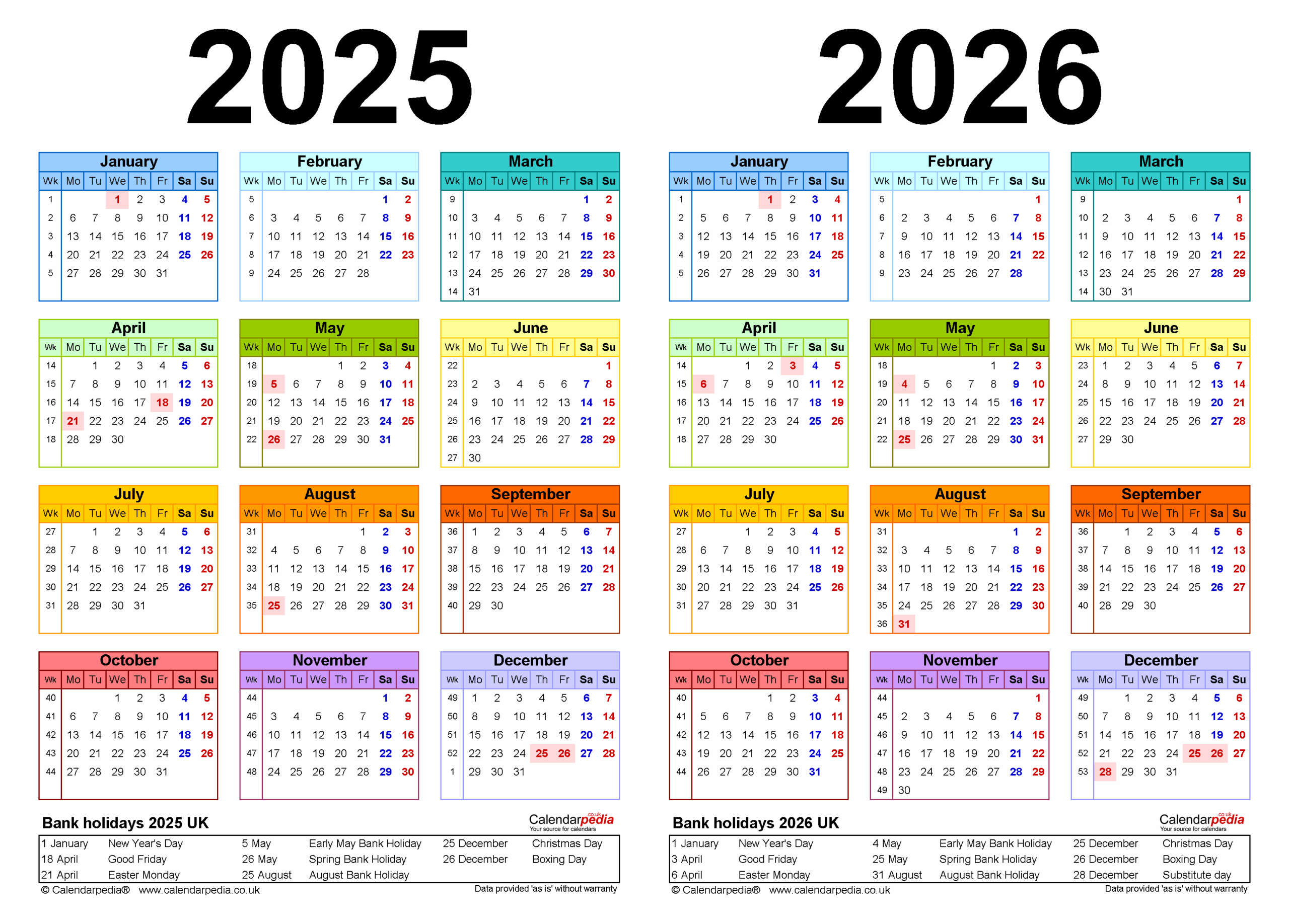 Two Year Calendars For 2025 And 2026 UK For PDF