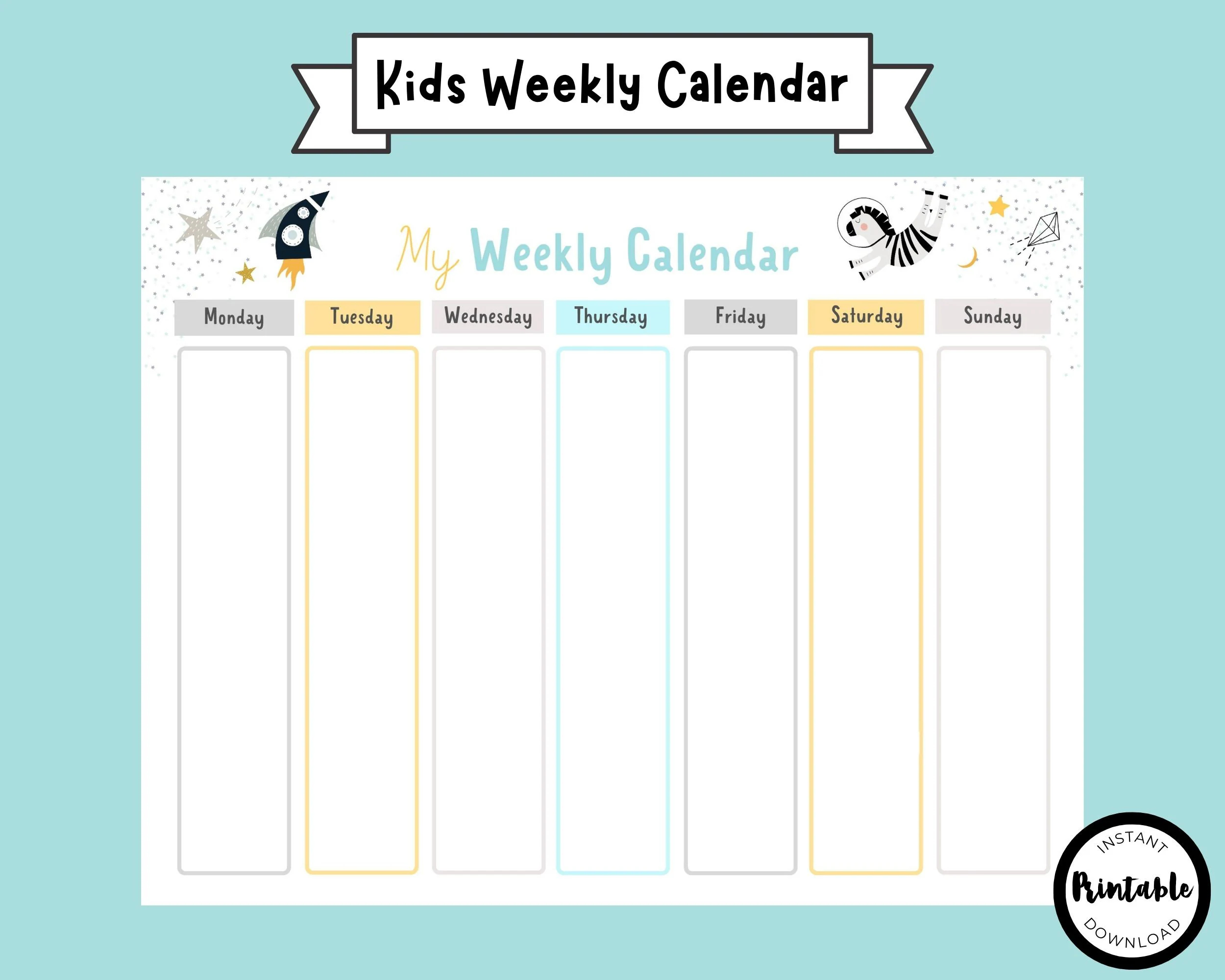 Weekly Calendar Printable For Kids Weekly Planner Week At A Glance Printable Kids Weekly Schedule Planner To Do List Instant Download Etsy
