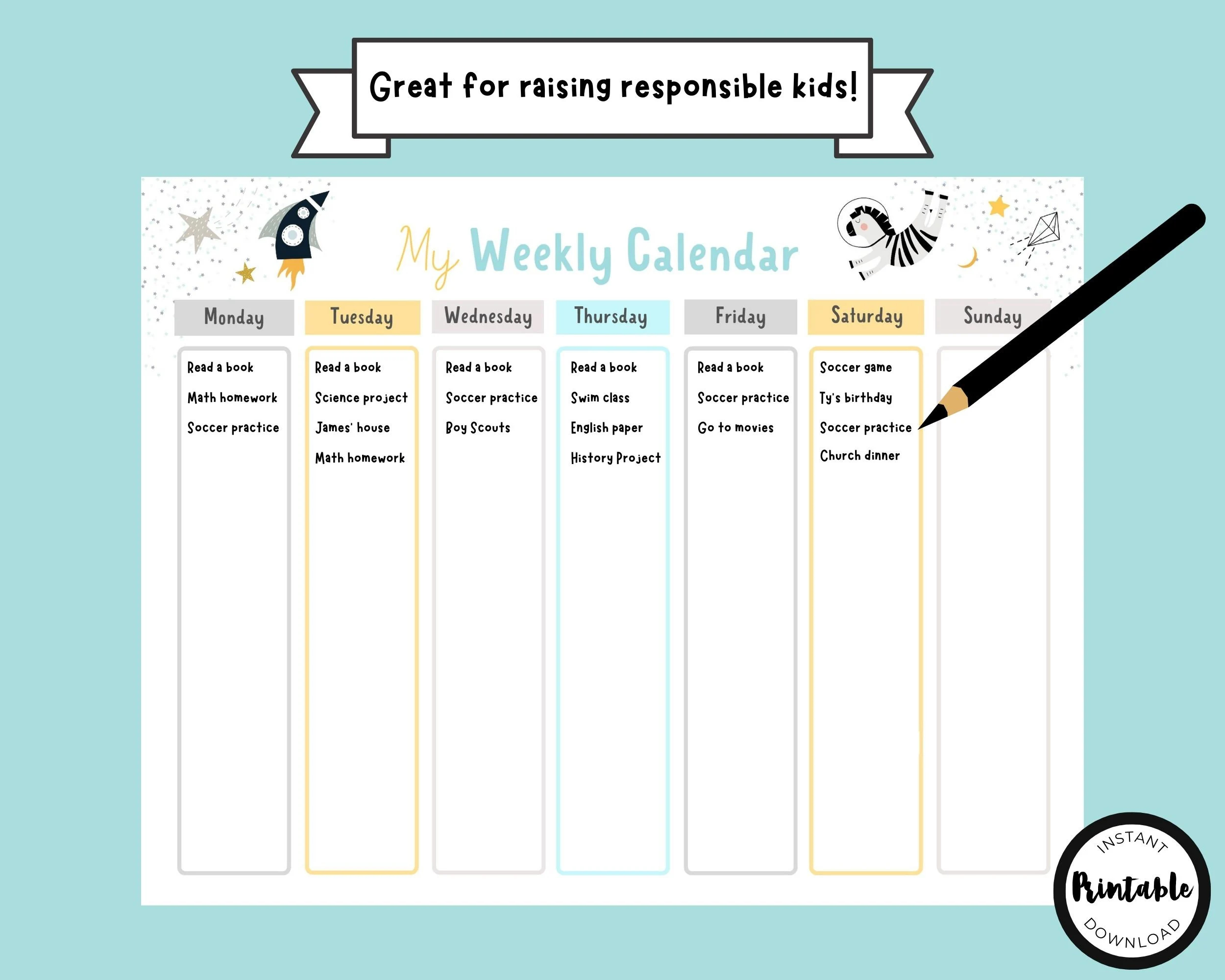 Weekly Calendar Printable For Kids Weekly Planner Week At A Glance Printable Kids Weekly Schedule Planner To Do List Instant Download Etsy