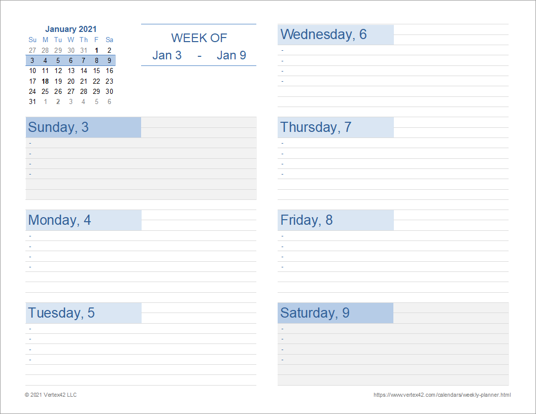 Weekly Blank Printable Calendar