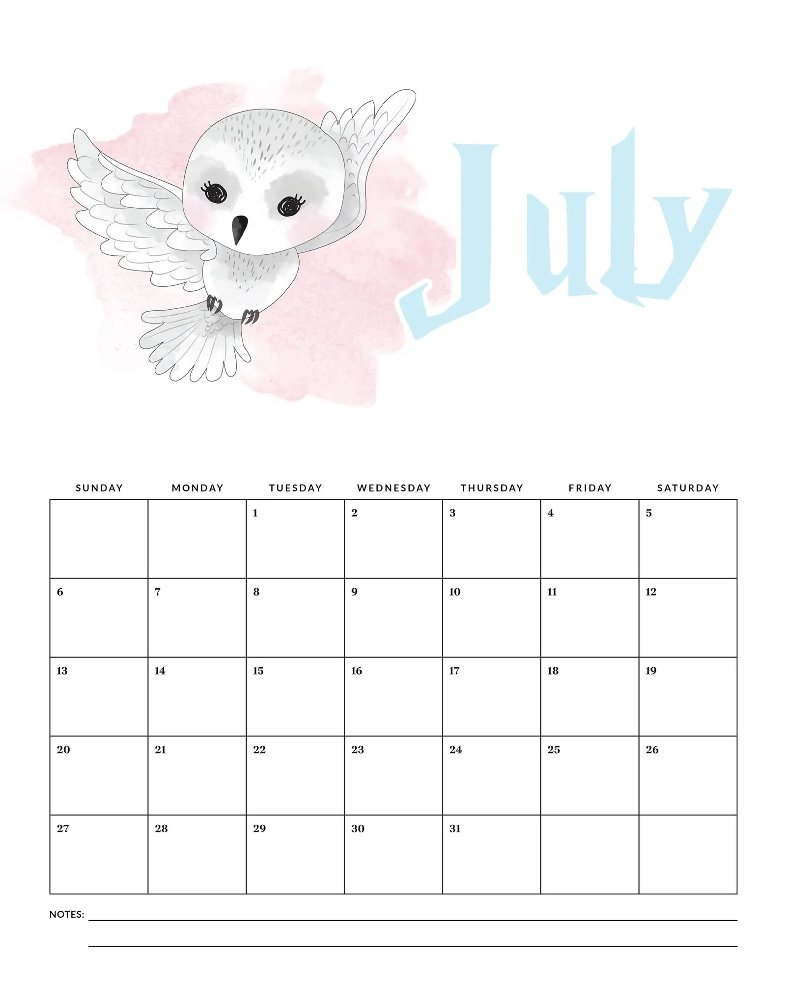Owl Printable Calendar 2025